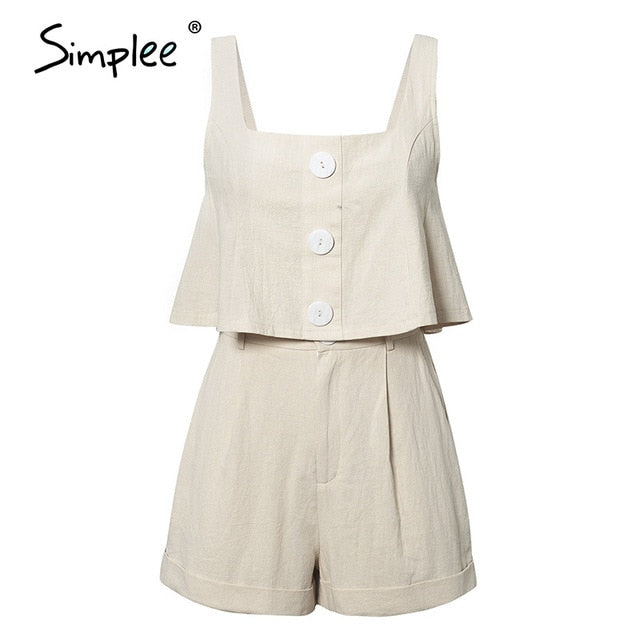 Simplee Casual two-piece women playsuits Sleeveless straps buttons female cotton rompers jumpsuit Spring summer ladies overalls