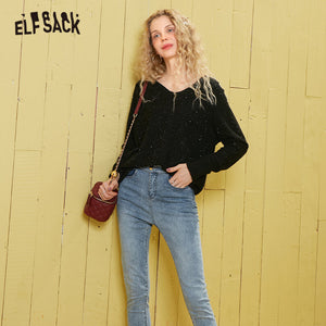 ELFSACK Black Solid Minimalist Bright Casual Knit Pullover Sweater Women 2020 Spring Pure Long Sleeve Ladies Daily Basic Top