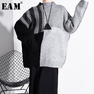 [EAM] Big Size Contrast Color Knitting Sweater Loose Fit Round Neck Long Sleeve Women Pullovers New Fashion  Spring 2020 A267