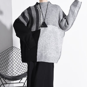 [EAM] Big Size Contrast Color Knitting Sweater Loose Fit Round Neck Long Sleeve Women Pullovers New Fashion  Spring 2020 A267