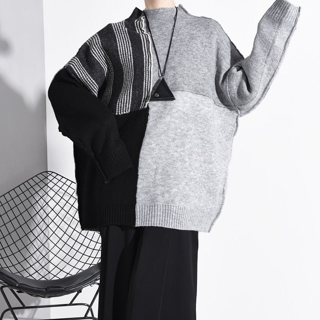 [EAM] Big Size Contrast Color Knitting Sweater Loose Fit Round Neck Long Sleeve Women Pullovers New Fashion  Spring 2020 A267